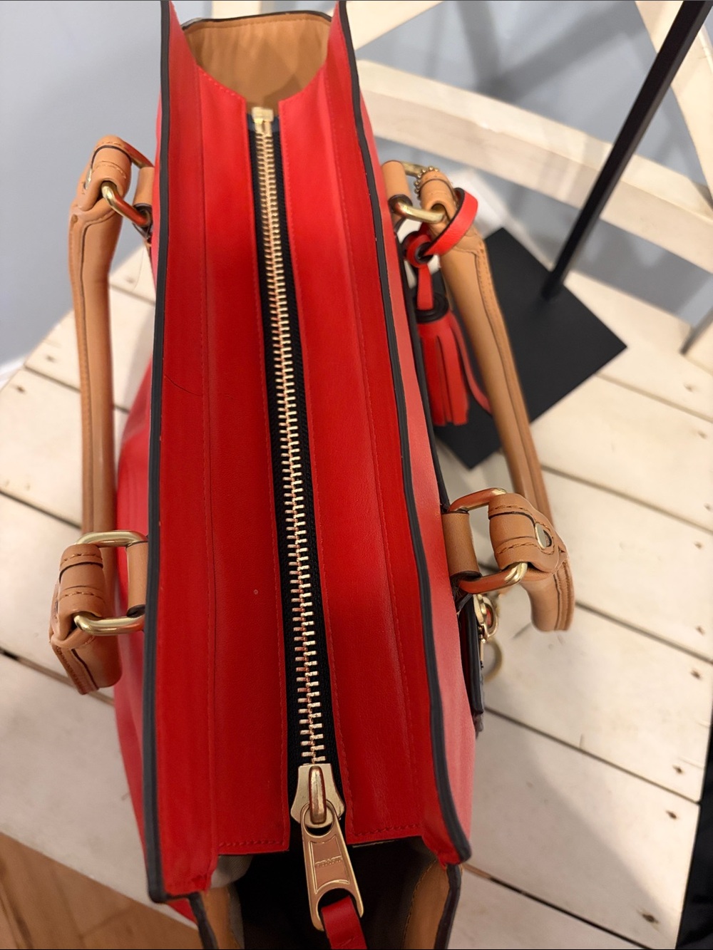 Coach Colorblock Leather Tote in Red, Navy & Tan with wallet - Picture 8 of 10